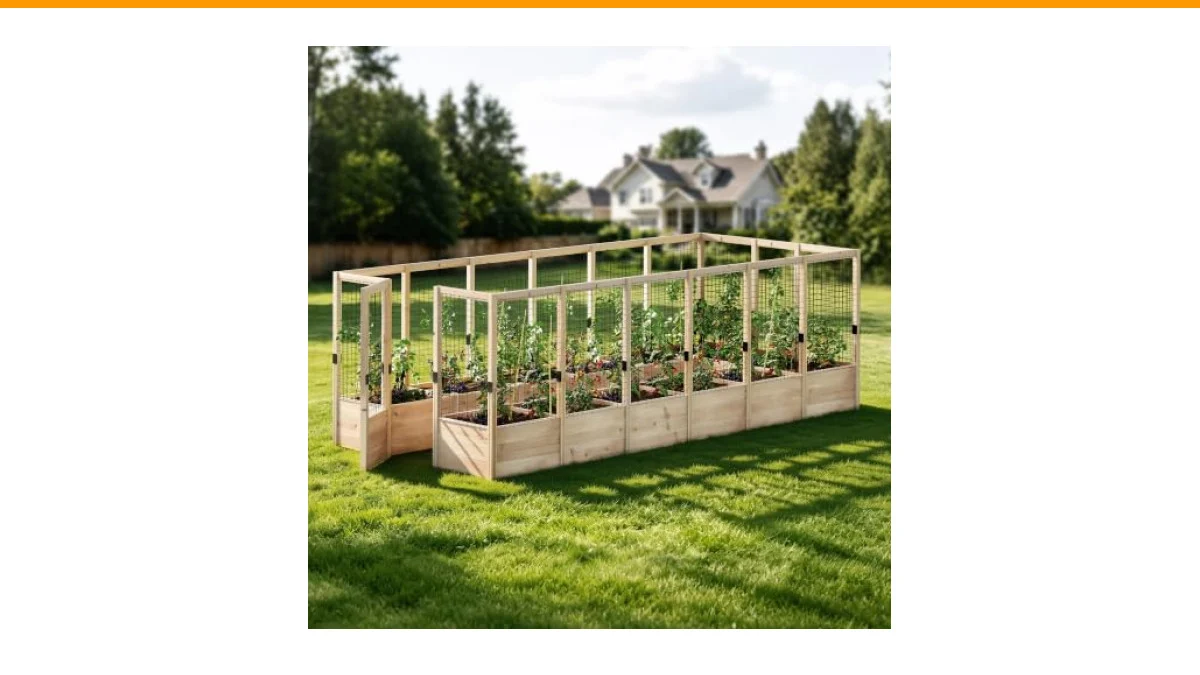 raised garden beds with deer fencing